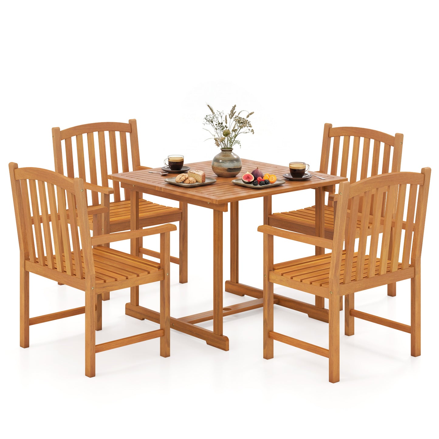 5-Piece Outdoor Square Patio Dining Set for 4 with Acacia Table & Armchairs