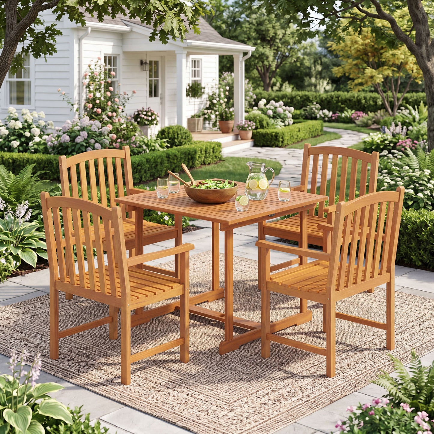 5-Piece Outdoor Square Patio Dining Set for 4 with Acacia Table & Armchairs
