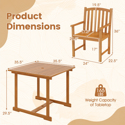 5-Piece Outdoor Square Patio Dining Set for 4 with Acacia Table & Armchairs