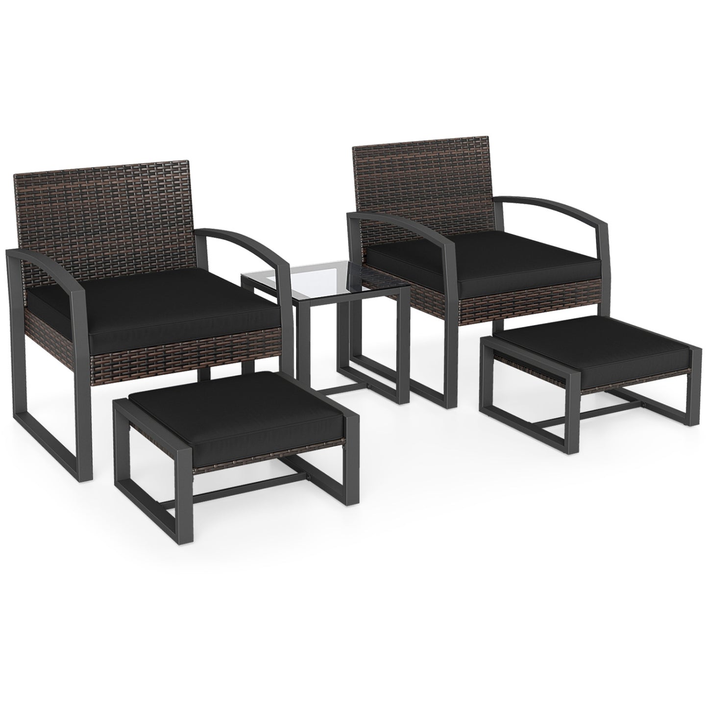 5-Piece Patio Conversation Set with 2 Ottomans and Tempered Glass Side Table-Beige