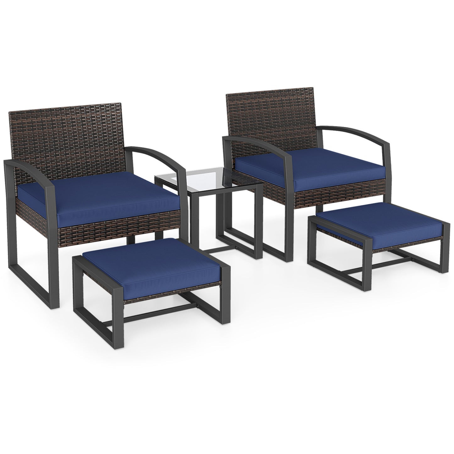 5-Piece Patio Conversation Set with 2 Ottomans and Tempered Glass Side Table-Beige