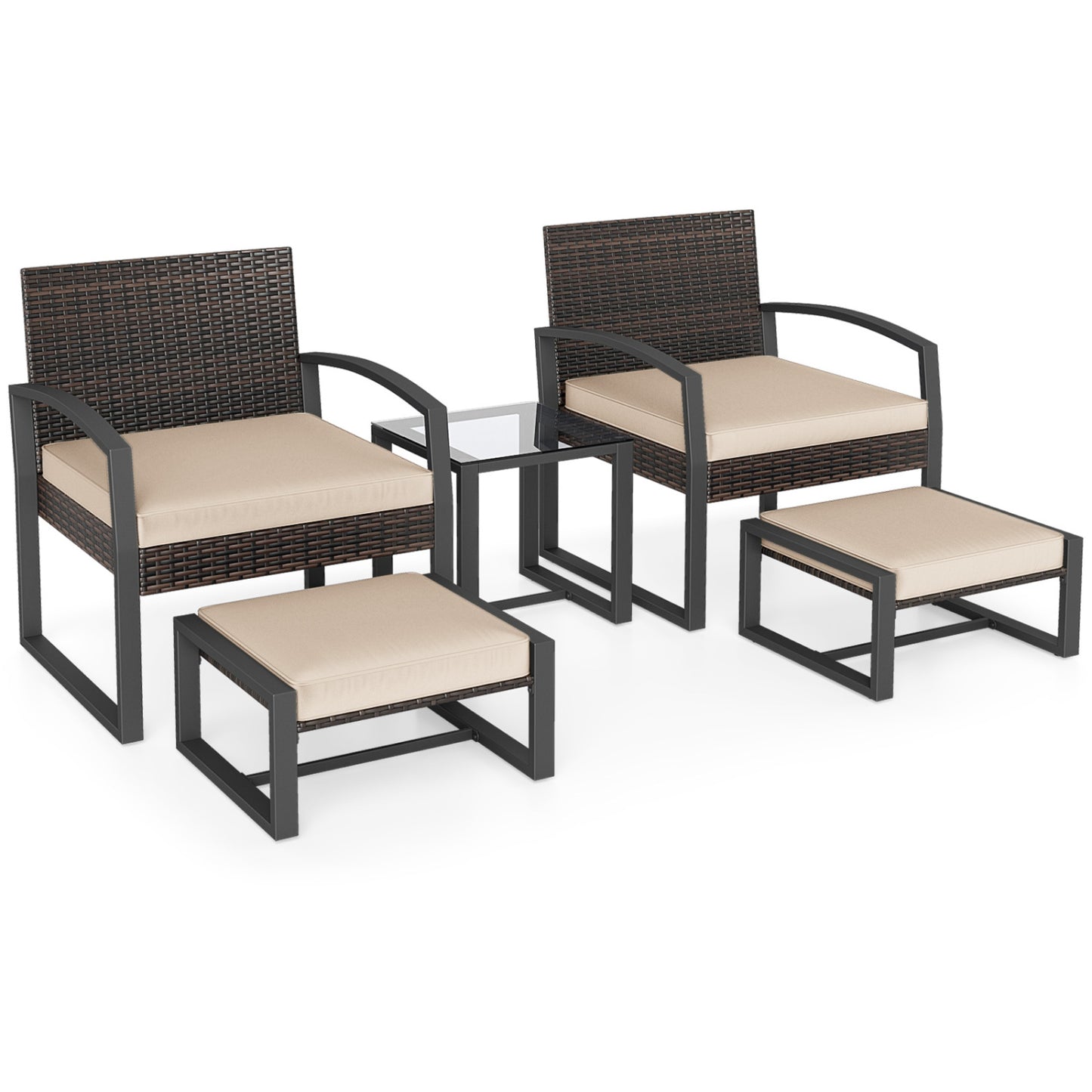 5-Piece Patio Conversation Set with 2 Ottomans and Tempered Glass Side Table-Beige