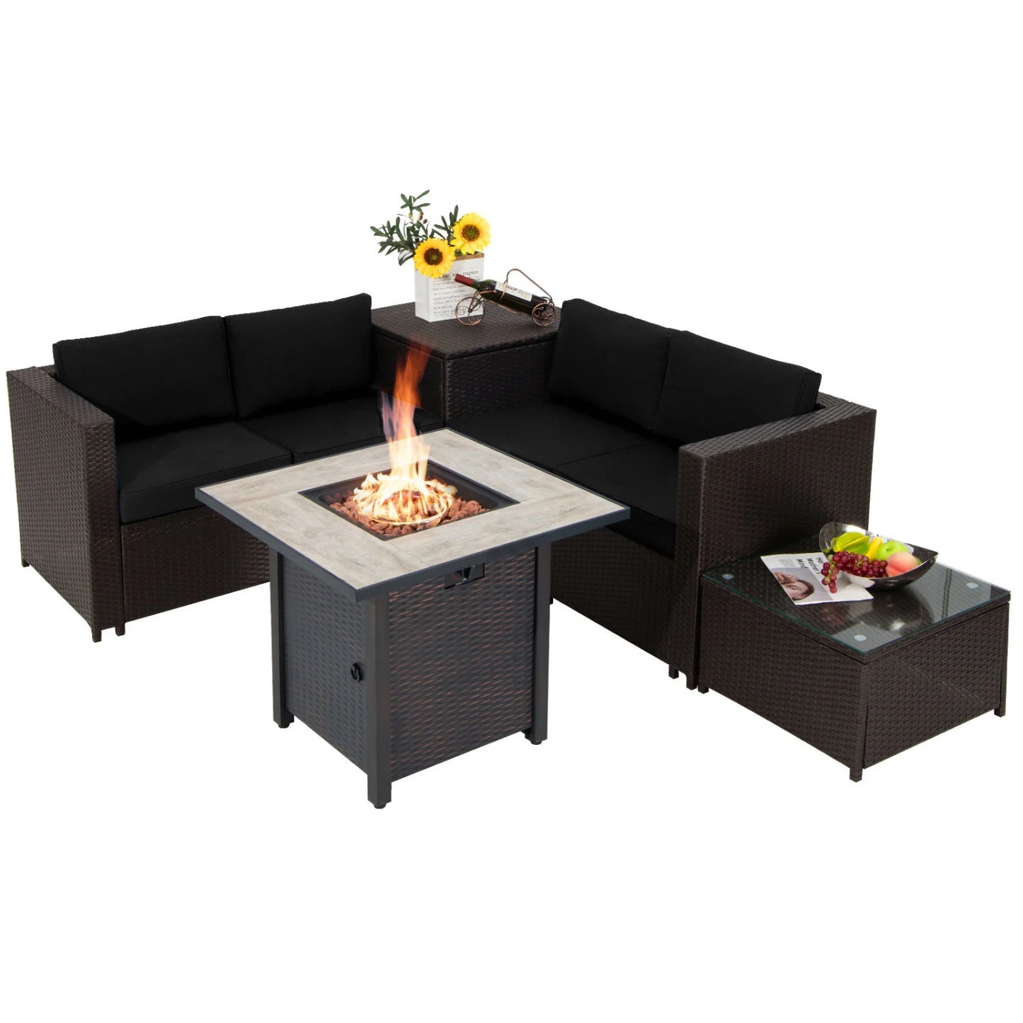 5-Piece Patio Furniture Set with 30 Inches Gas Fire Pit Table Outdoor PE Wicker Sofa Set-Black