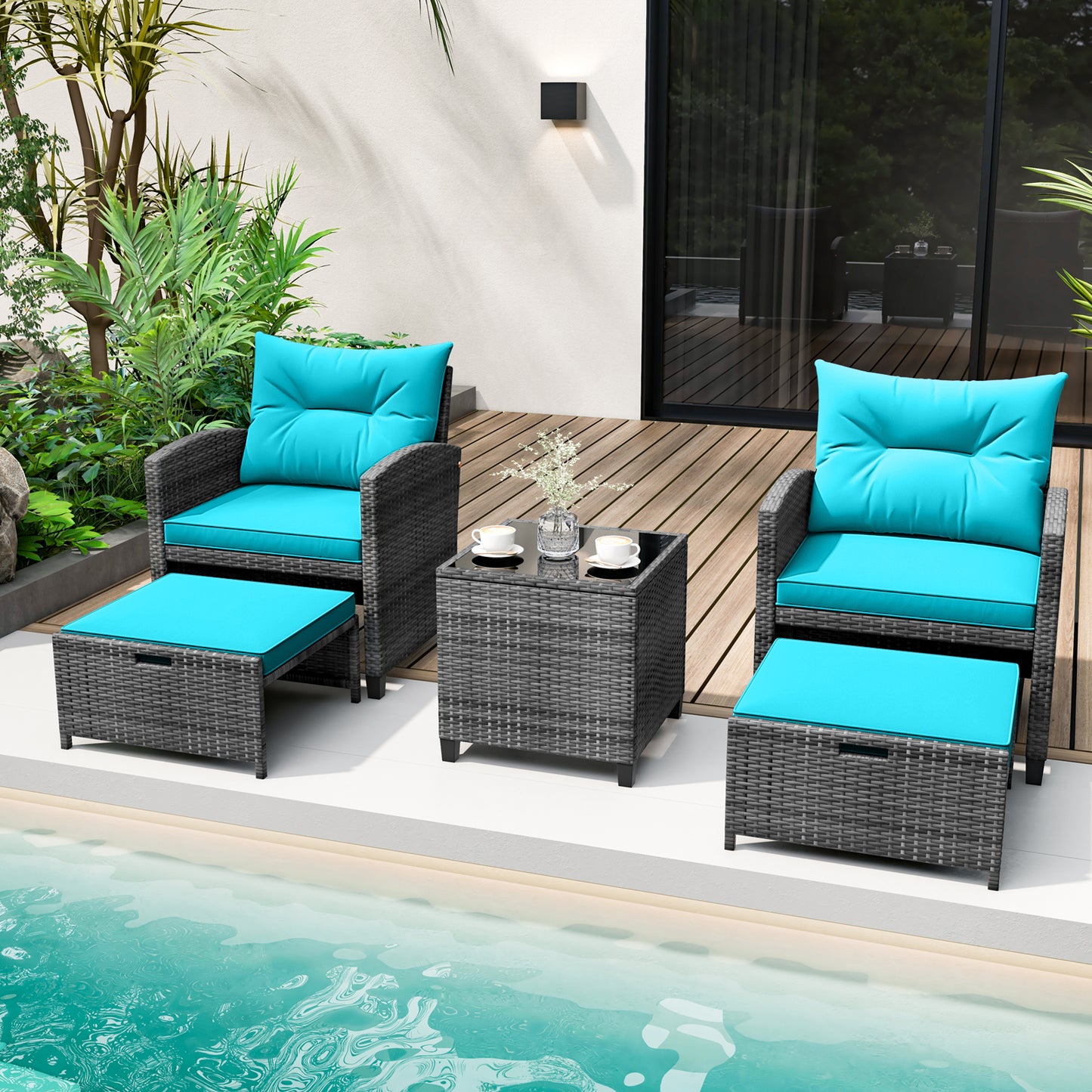 5 Piece Patio Rattan Furniture with 2 Ottomans and Tempered Glass Coffee Table-Turquoise
