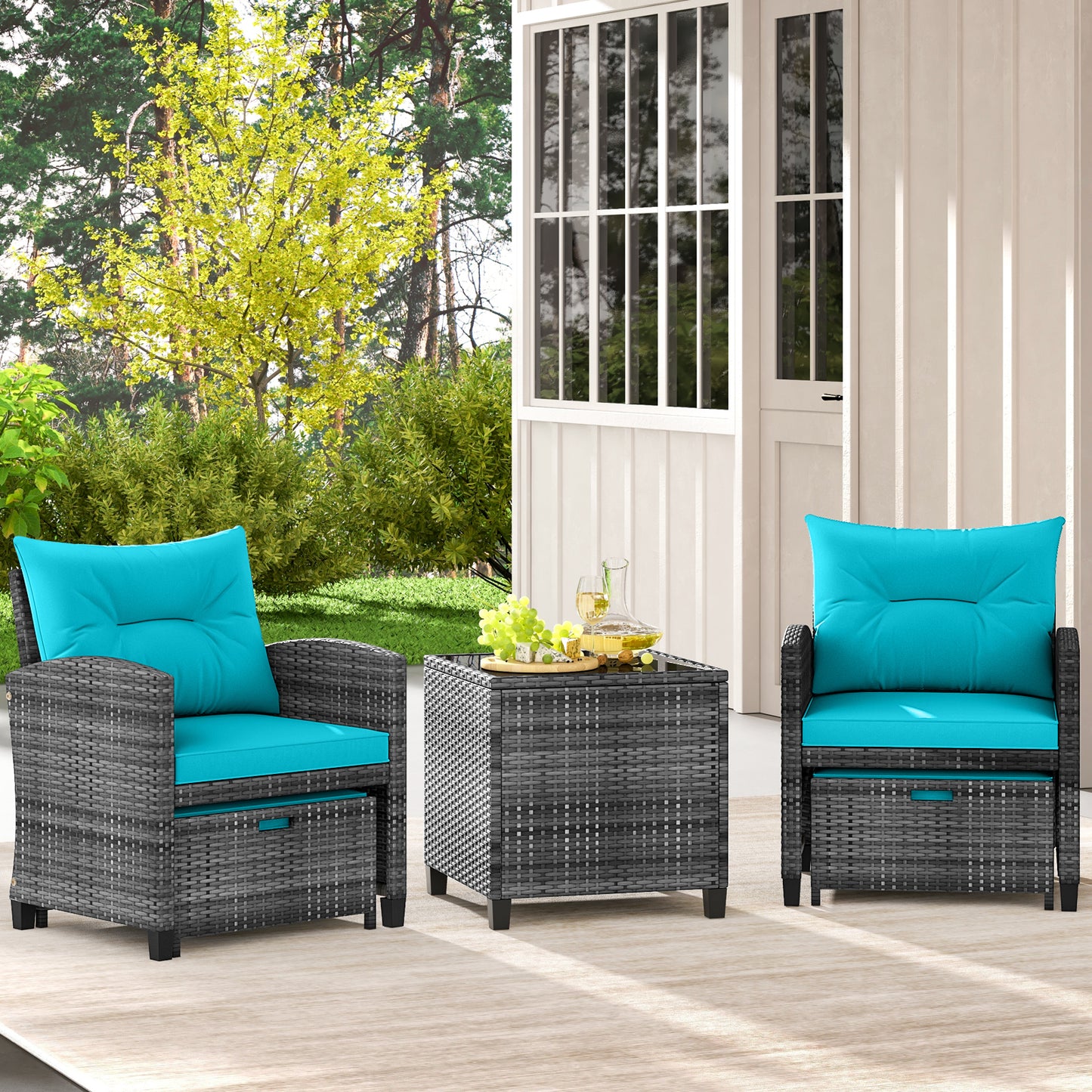 5 Piece Patio Rattan Furniture with 2 Ottomans and Tempered Glass Coffee Table-Turquoise