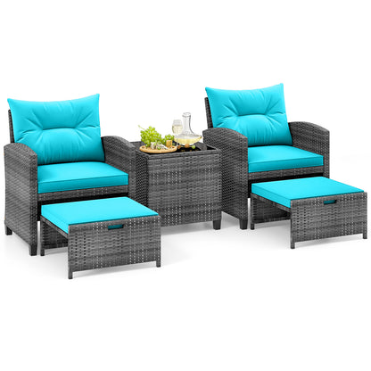 5 Piece Patio Rattan Furniture with 2 Ottomans and Tempered Glass Coffee Table-Turquoise