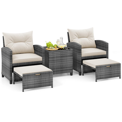 5 Piece Patio Rattan Furniture with 2 Ottomans and Tempered Glass Coffee Table-Turquoise