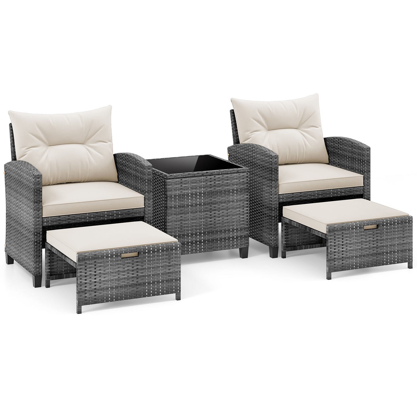 5 Piece Patio Rattan Furniture with 2 Ottomans and Tempered Glass Coffee Table-Turquoise