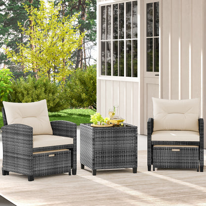5 Piece Patio Rattan Furniture with 2 Ottomans and Tempered Glass Coffee Table-Turquoise