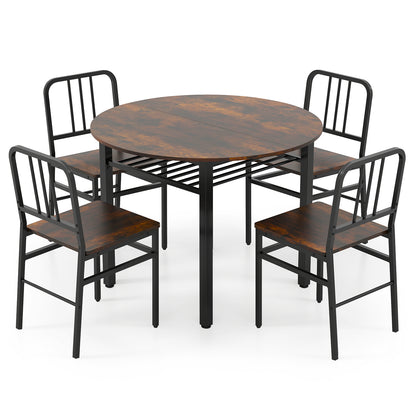 5-Piece Round Dining Table Set with Storage Shelf for Dining Room-Gray