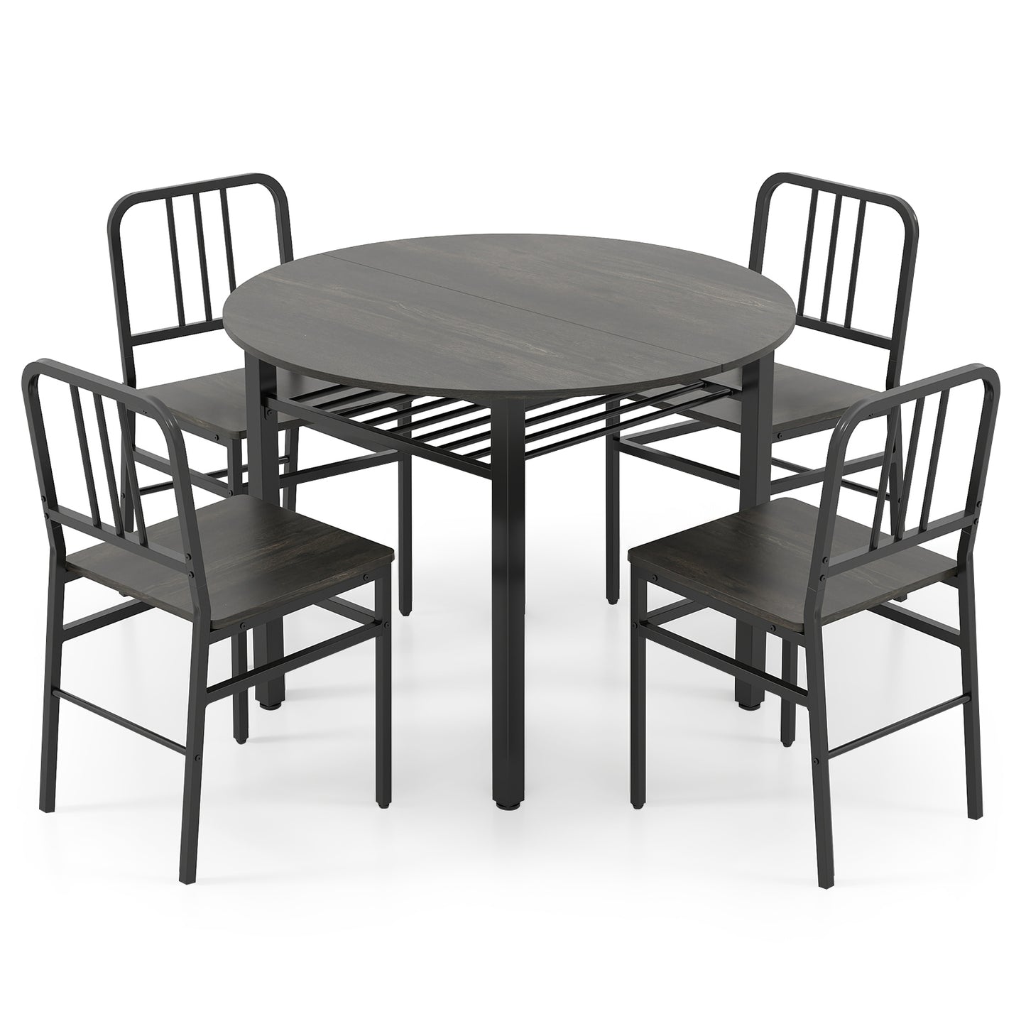 5-Piece Round Dining Table Set with Storage Shelf for Dining Room-Gray