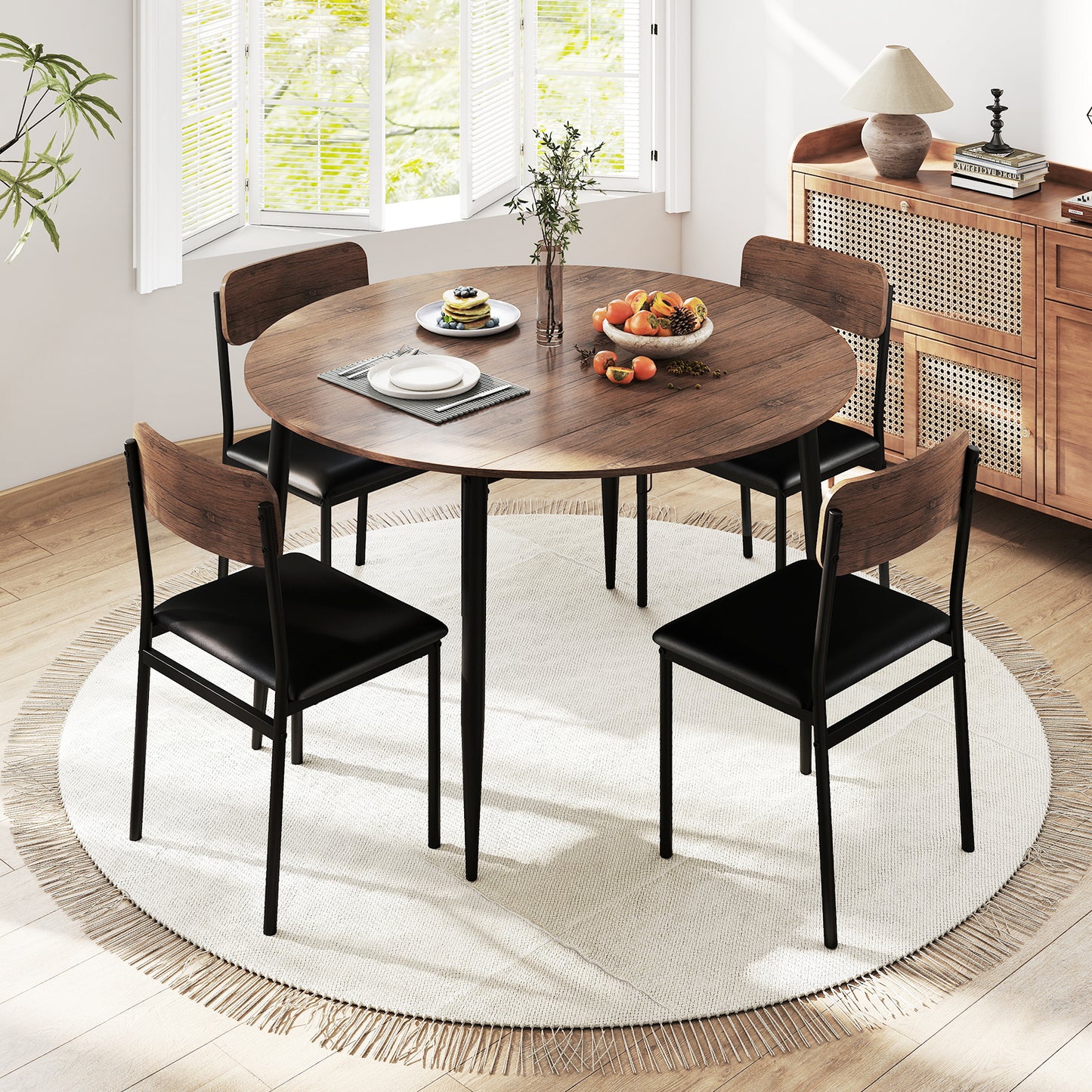 5-Piece Round Kitchen Table Set with Drop Leaf Tabletop and 4 Upholstered Dining Chairs-Brown