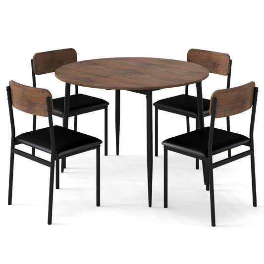 5-Piece Round Kitchen Table Set with Drop Leaf Tabletop and 4 Upholstered Dining Chairs-Brown