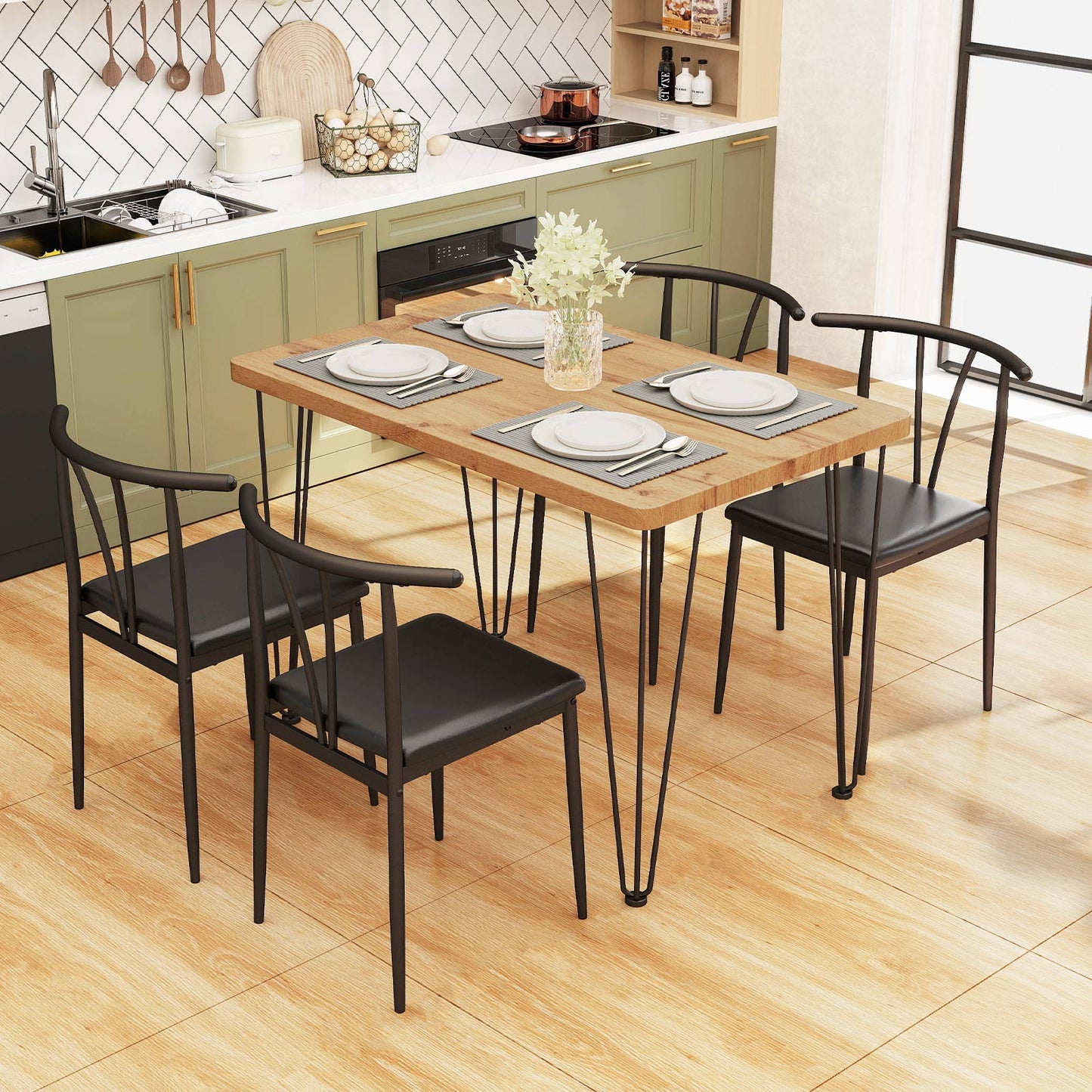 5-Piece Space-saving Dining Table Set Industrial Rectangular Kitchen Table and 4 Armless Chairs-Black