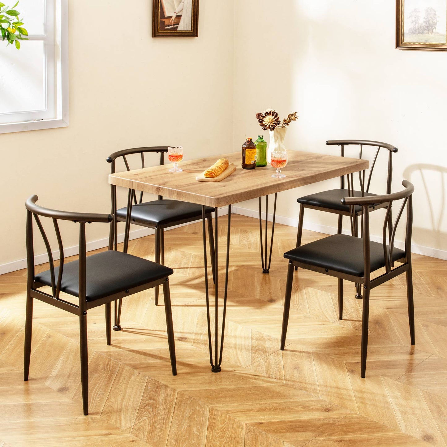 5-Piece Space-saving Dining Table Set Industrial Rectangular Kitchen Table and 4 Armless Chairs-Black