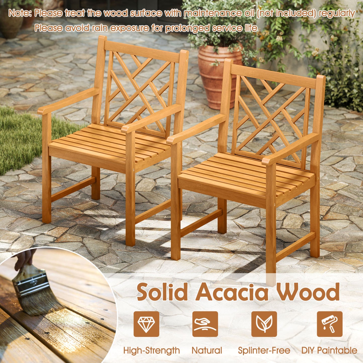 5-Piece Square Patio Dining Set for 4 with Acacia Table & Armchairs for Outdoor