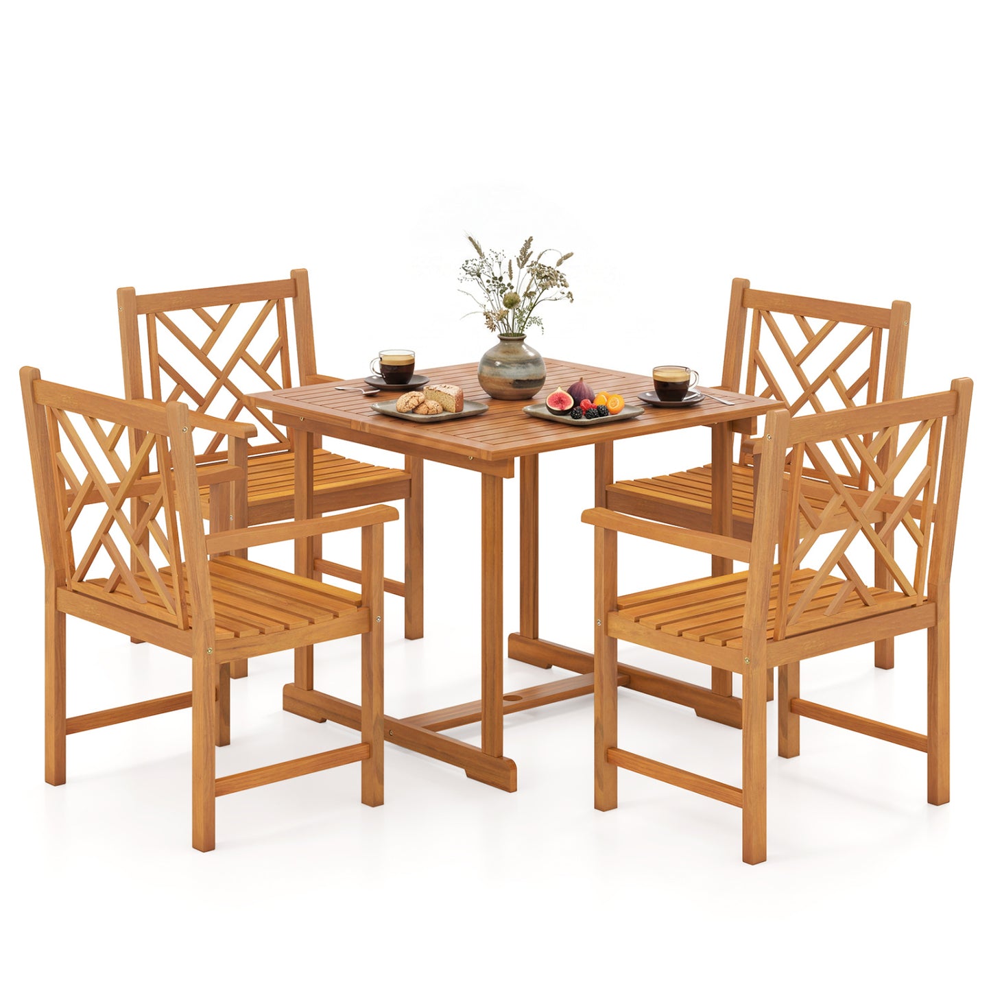 5-Piece Square Patio Dining Set for 4 with Acacia Table & Armchairs for Outdoor