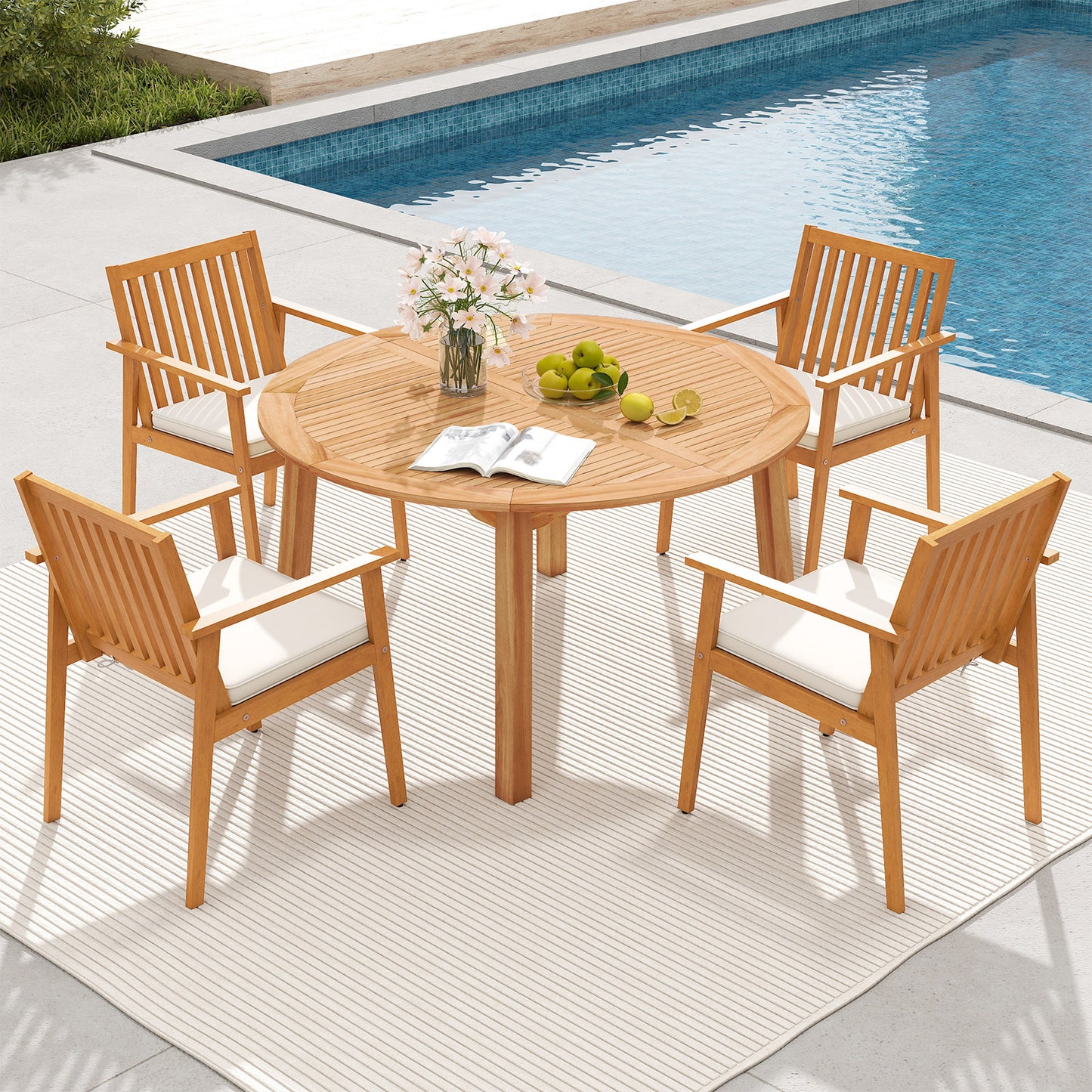 5 Pieces Acacia Wood Patio Dining Set with Umbrella Hole