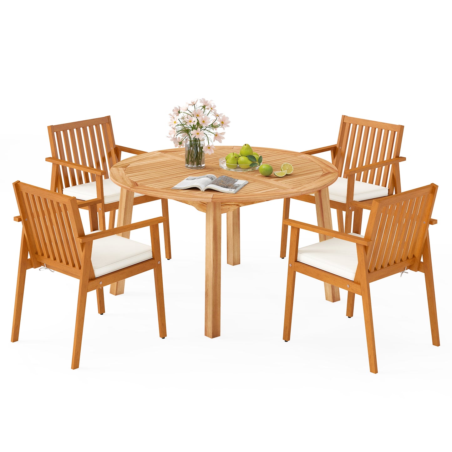 5 Pieces Acacia Wood Patio Dining Set with Umbrella Hole