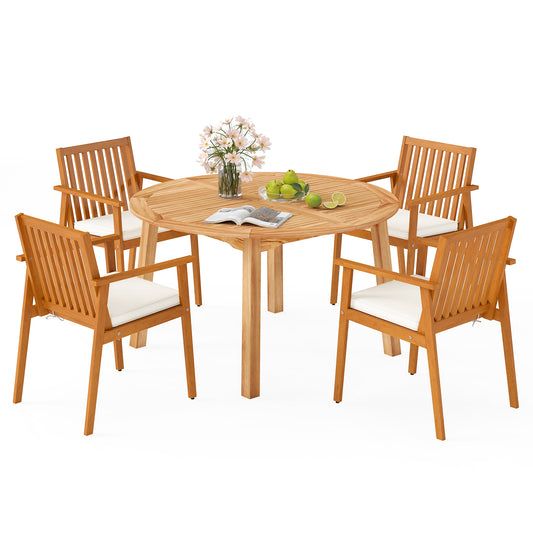5 Pieces Acacia Wood Patio Dining Set with Umbrella Hole