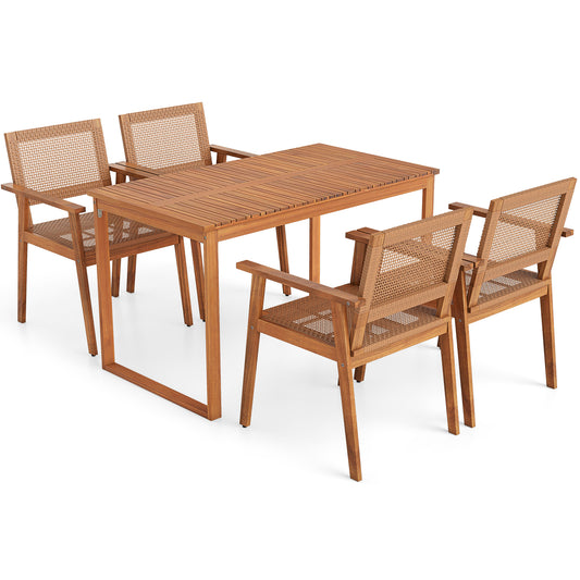 5 Pieces Acacia Wood Dining Set with Outdoor Table and Rattan Chairs for 4 Persons