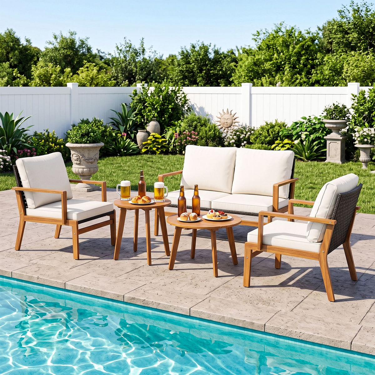 5 Pieces Acacia Wood Patio Furniture Sets with Solid Acacia Wood Frame-White