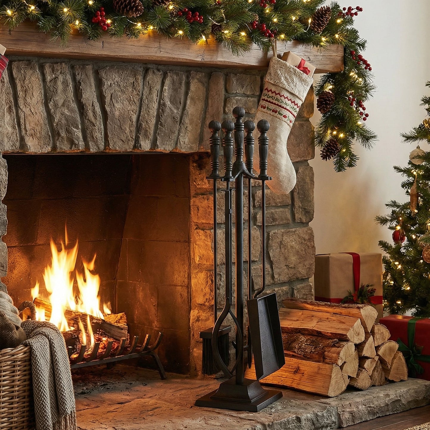 5-Pieces Fireplace Tool Set Indoor Outdoor Fire Place Set Tools with Aluminum Handles