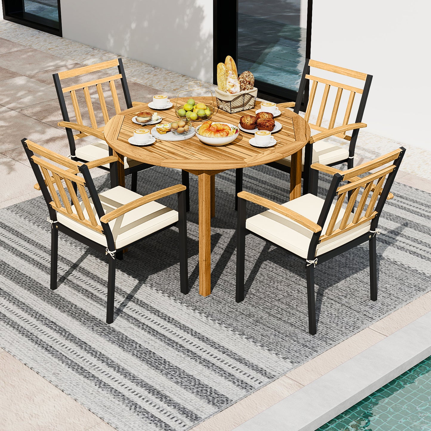 5 Pieces Outdoor Acacia Wood Dining Set Patio Round Table and Metal Chairs with Cushions