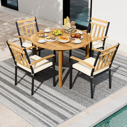 5 Pieces Outdoor Acacia Wood Dining Set Patio Round Table and Metal Chairs with Cushions