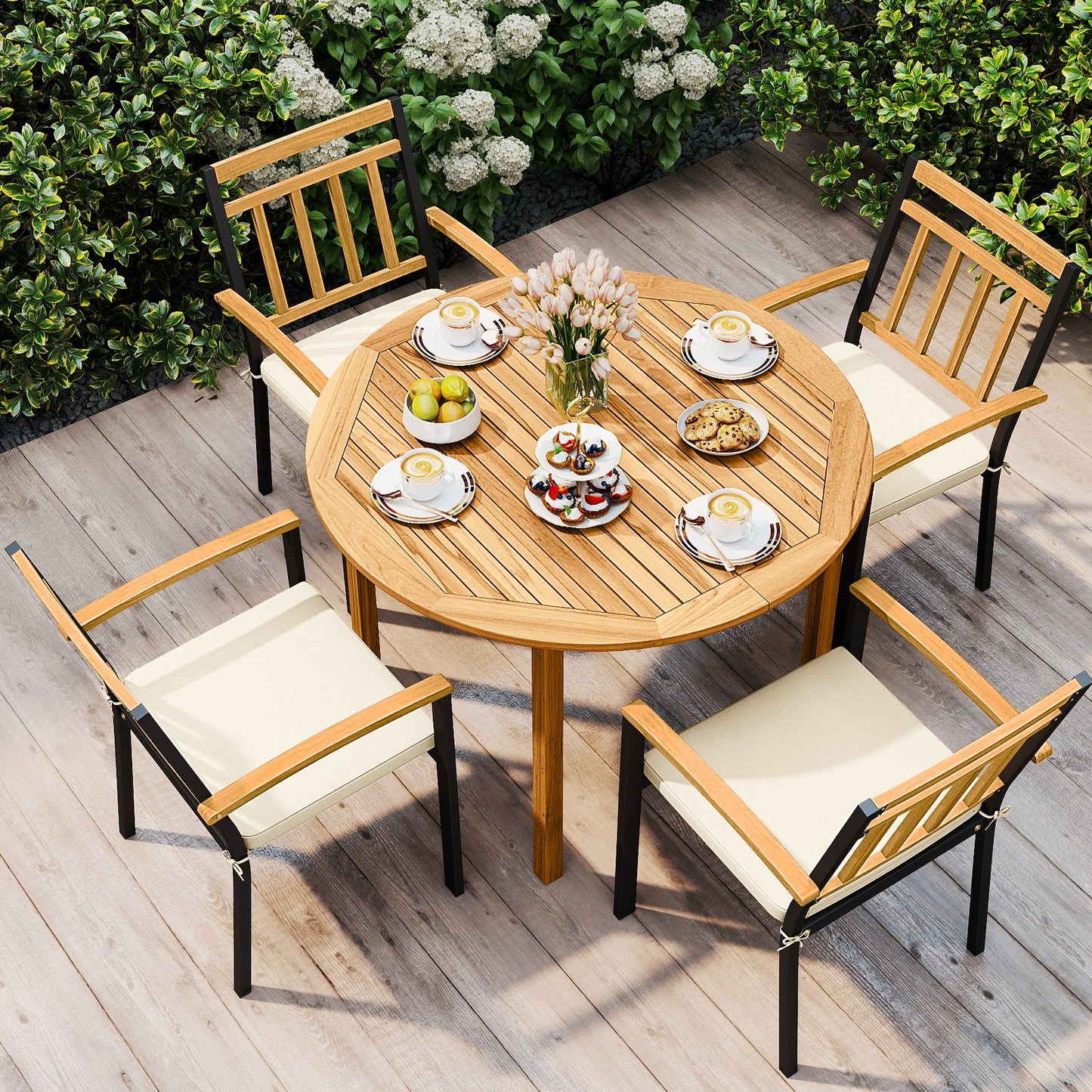 5 Pieces Outdoor Acacia Wood Dining Set Patio Round Table and Metal Chairs with Cushions