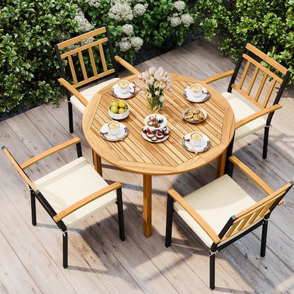 5 Pieces Outdoor Acacia Wood Dining Set Patio Round Table and Metal Chairs with Cushions
