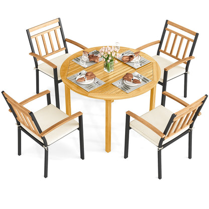 5 Pieces Outdoor Acacia Wood Dining Set Patio Round Table and Metal Chairs with Cushions