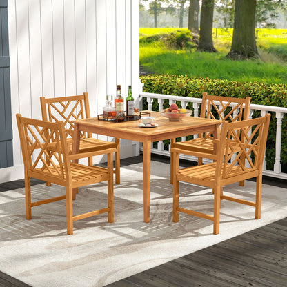 5-Pieces Patio Dining Table Set Wood Square Dining Table with 4 Chairs and Slatted Tabletop