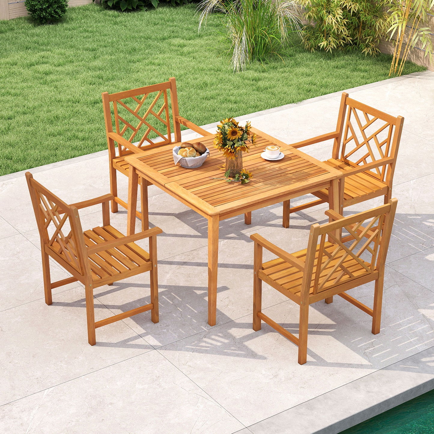 5-Pieces Patio Dining Table Set Wood Square Dining Table with 4 Chairs and Slatted Tabletop