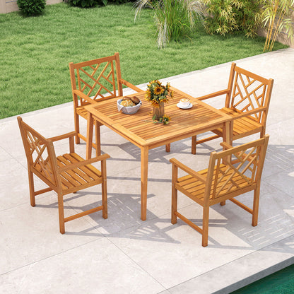 5-Pieces Patio Dining Table Set Wood Square Dining Table with 4 Chairs and Slatted Tabletop