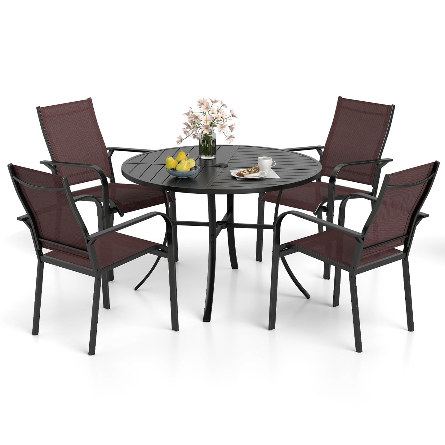5 Pieces Patio Dining Set for 4 42.5 inch Outdoor Round Metal Table-Black