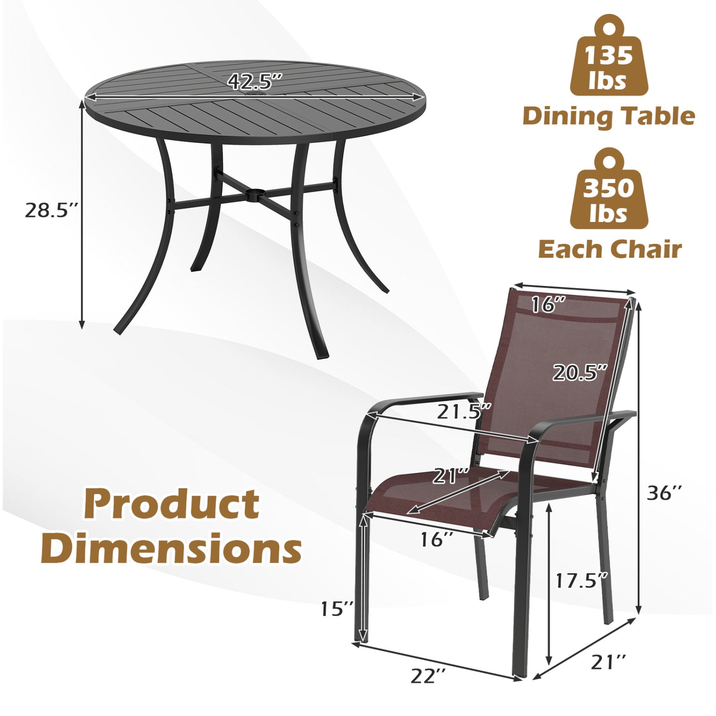 5 Pieces Patio Dining Set for 4 42.5 inch Outdoor Round Metal Table-Black