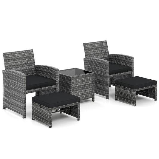 5 Pieces Patio Furniture Set PE Wicker Outdoor Lounge Chairs with 2 Ottomans-Black