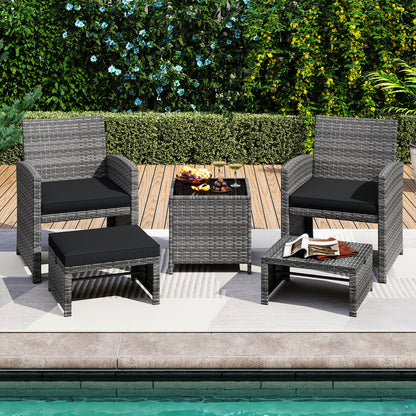 5 Pieces Patio Furniture Set PE Wicker Outdoor Lounge Chairs with 2 Ottomans-Black
