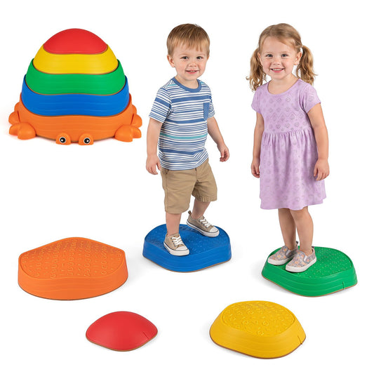 Set of five kids' stepping stones with cute crab design, outdoor toy sports play equipment for children.