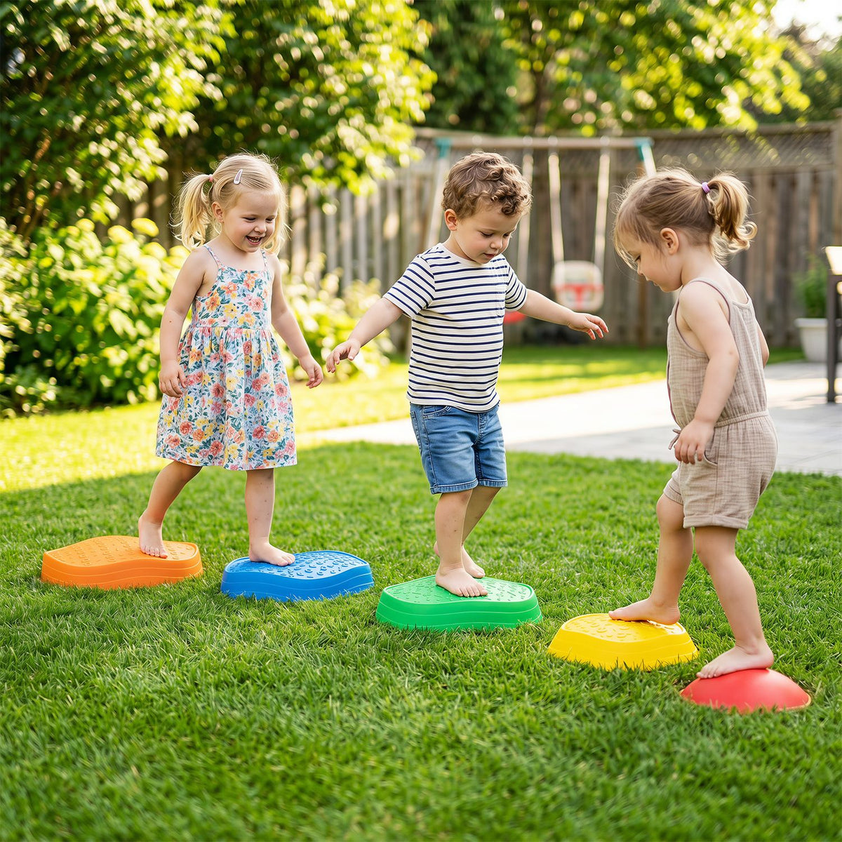 Five crab-themed outdoor stepping stones for kids, colorful plastic toy sports game for outdoor play.