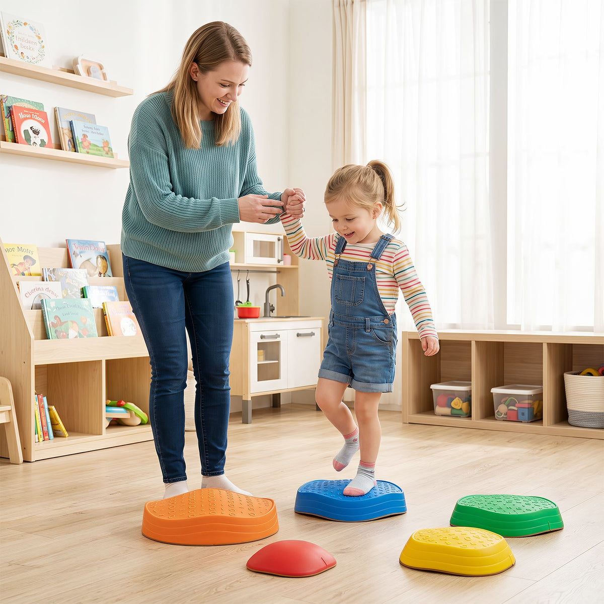 Five colorful crab-themed stepping stones for kids, outdoor toy sports set by Wilsons Home Store.