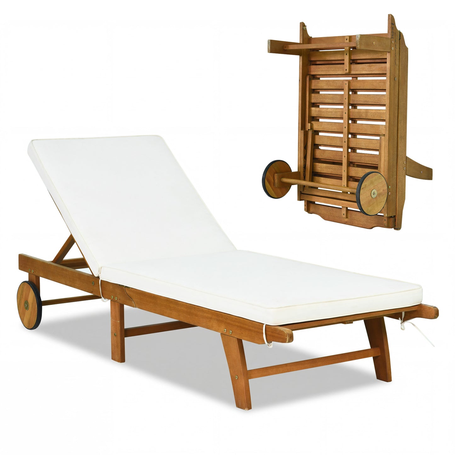Adjustable patio chaise lounge by Wilsons Home Store with cushioned seat, wheels, and five reclining positions for outdoor relaxation.