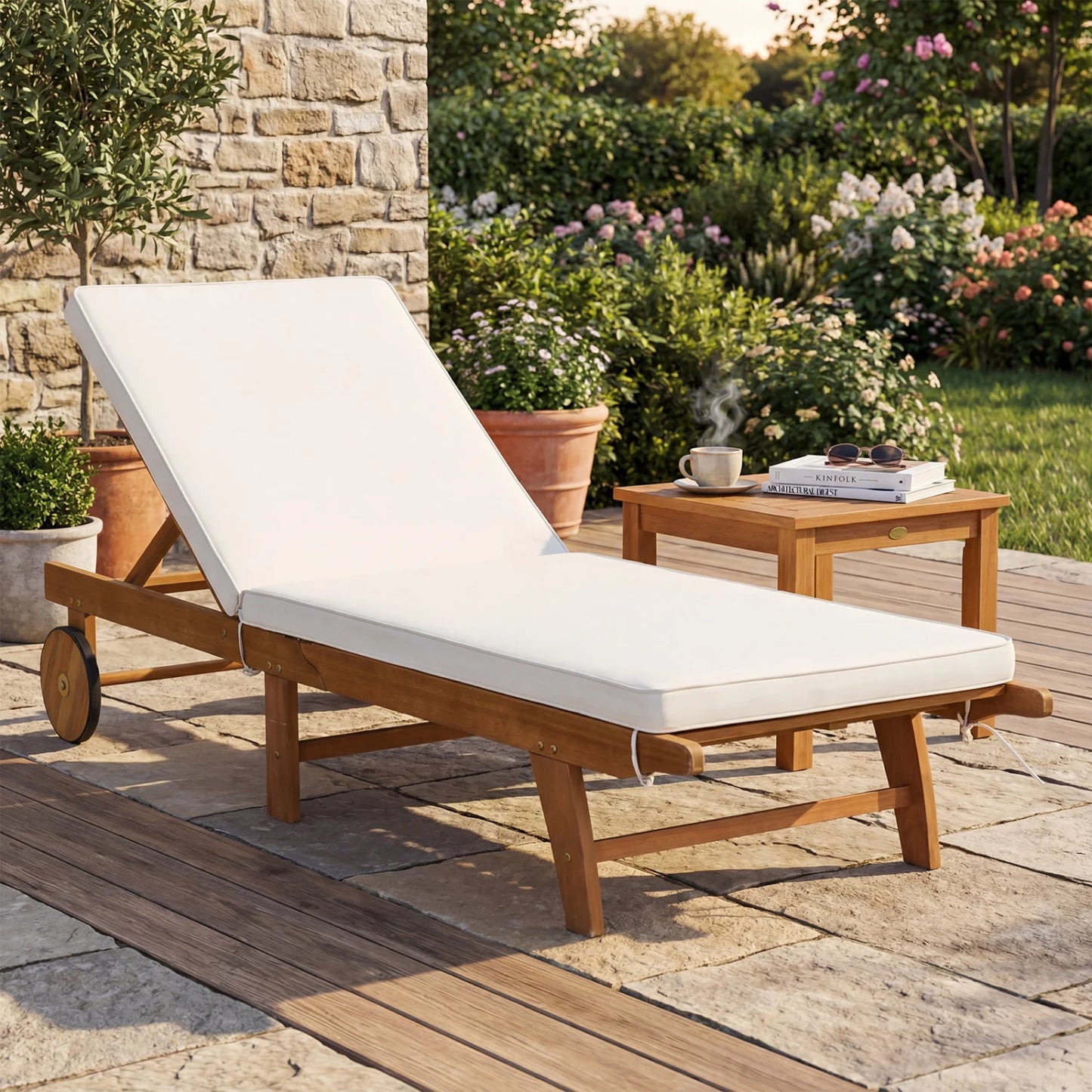 Adjustable patio chaise lounge with cushioned seat, wheels, and five reclining positions for outdoor comfort and relaxation.