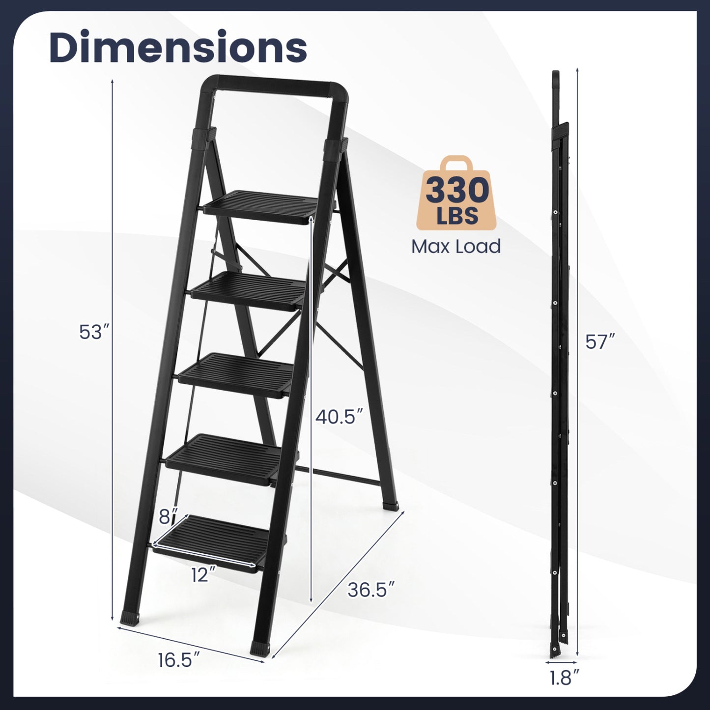 3 Step Black Folding Step Stool with Wide Anti-slip Pedals