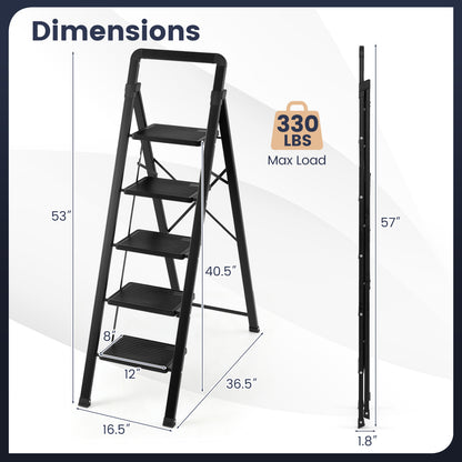3 Step Black Folding Step Stool with Wide Anti-slip Pedals