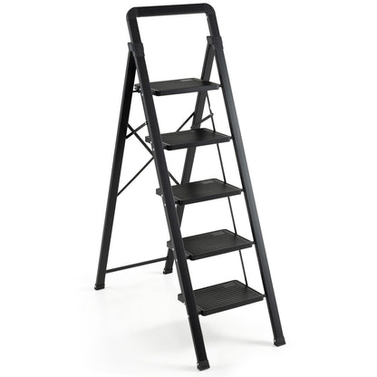 3 Step Black Folding Step Stool with Wide Anti-slip Pedals