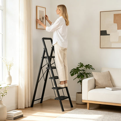 3 Step Black Folding Step Stool with Wide Anti-slip Pedals