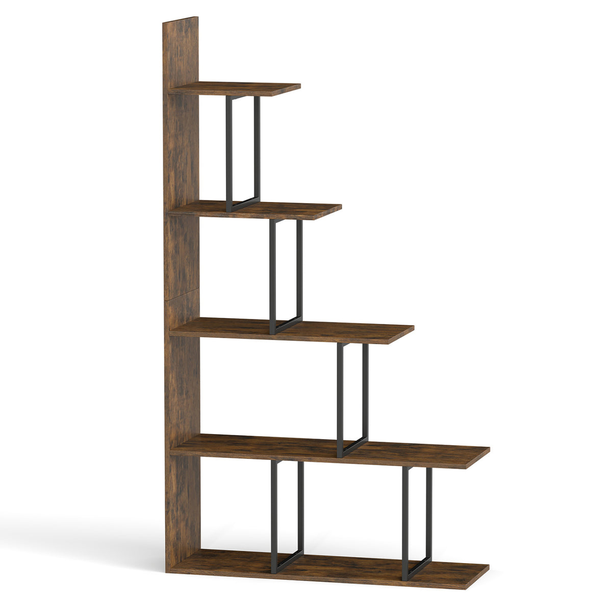 Rustic brown 5-tier 62-inch tall bookshelf with heavy-duty metal frame, perfect for home office storage.