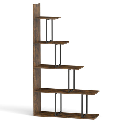 Rustic brown 5-tier 62-inch tall bookshelf with heavy-duty metal frame, perfect for home office storage.